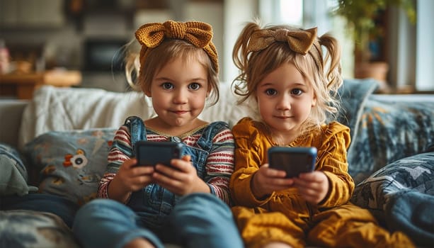 Two kids with gadgets. Sisters surfing the net or playing online games on smartphone and digital tablet at home. Modern communication and gadget addiction concept. Cute children siblings on smartphone happy