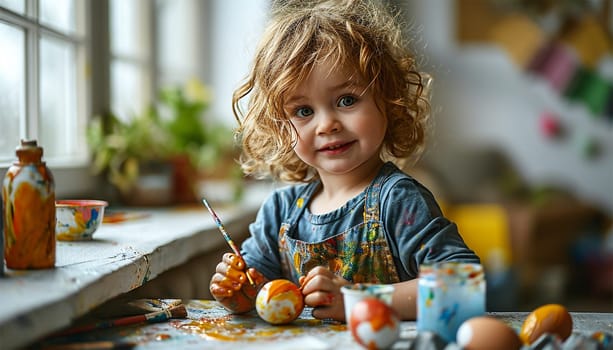 Happy Easter! Cute children painting Easter eggs and having fun. Siblings Laughing together. Painting eggs. Paints, felt-tip pens, decorations for coloring eggs for holiday. Creative background. Family with kids preparing for Easter. Holiday spring