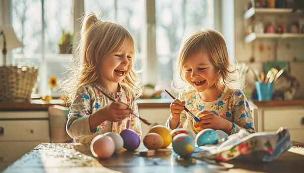 Happy Easter! Cute children painting Easter eggs and having fun. Siblings Laughing together. Painting eggs. Paints, felt-tip pens, decorations for coloring eggs for holiday. Creative background. Family with kids preparing for Easter. Holiday spring