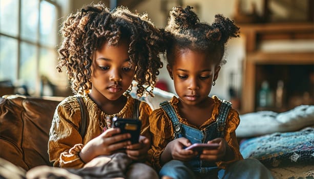 Children gadget addiction two happy laughing African American little girls sisters browsing mobile phone watching cartoons online without parental control at home couch kids siblings using smartphone and having fun portrait