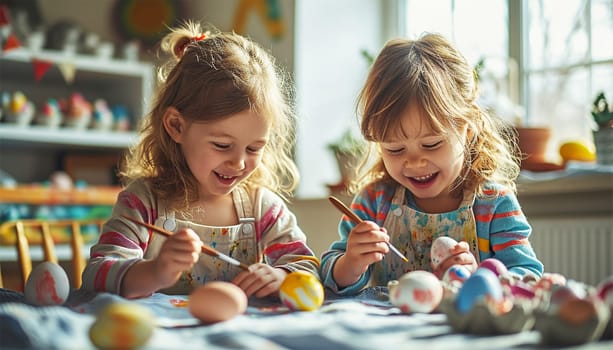 Happy Easter! Cute children painting Easter eggs and having fun. Siblings Laughing together. Painting eggs. Paints, felt-tip pens, decorations for coloring eggs for holiday. Creative background. Family with kids preparing for Easter. Holiday spring