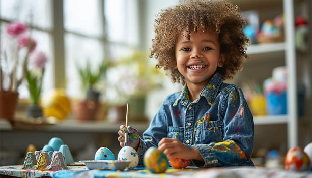 Easter Family traditions. Loving ethnic young child happy little kid soon to dye and decorate eggs with paints for Easter holidays while sitting at kitchen table and having fun. African American child Happy Easter Holiday portrait