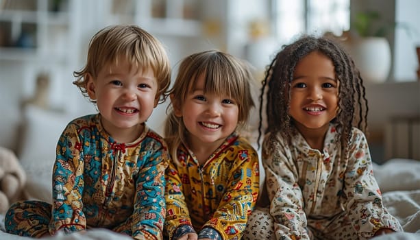 Children's pajama party. Multiracial kids in colorful pajamas having fun on slumber party. Cute friends children playful together happy