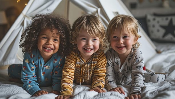 Children's pajama party. Multiracial kids in colorful pajamas having fun on slumber party. Cute friends children playful together happy