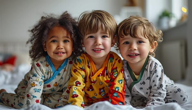 Children's pajama party. Multiracial kids in colorful pajamas having fun on slumber party. Cute friends children playful together happy