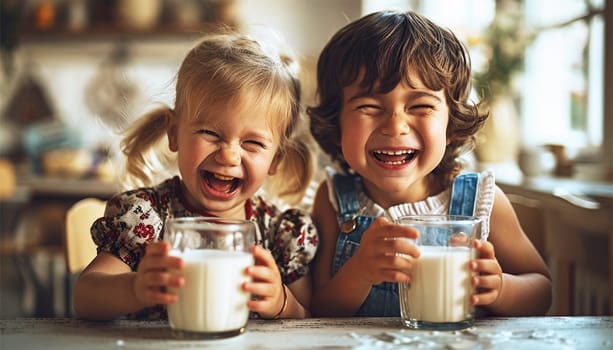 Snack Time. Happy multiracial Siblings Girls Having Lunch Together, drinking milk In Glasses On Table At Home. Preteen Kids Enjoying Healthy Snacks. Nutrition Concept mixed race healthy