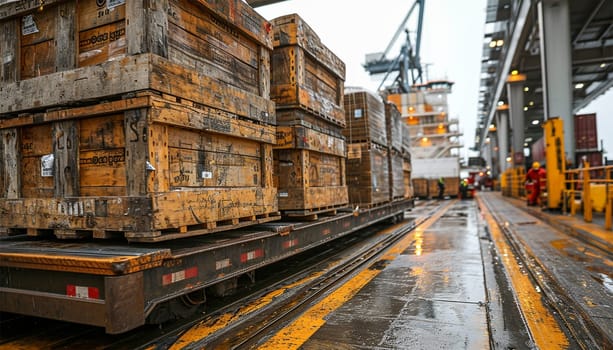 Stacked of Package Boxes on Pallets Loading with Shipping Cargo Container. Truck Parked Loading at Dock Warehouse. Delivery. Supply Chain. Warehouse Logistics. Cargo Freight Truck Transportation. transport