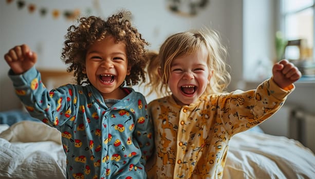 Children's pajama party. Multiracial kids in colorful pajamas having fun on slumber party. Cute friends children playful together happy