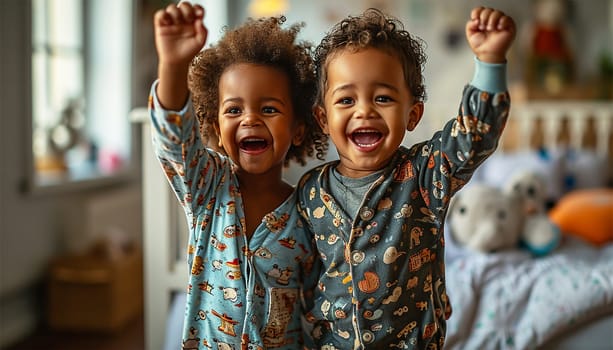 Children's pajama party. Multiracial kids in colorful pajamas having fun on slumber party. Cute friends children playful together happy