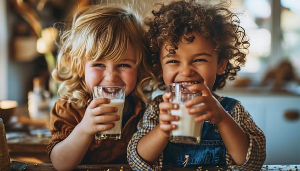 Snack Time. Happy multiracial Siblings Girls Having Lunch Together, drinking milk In Glasses On Table At Home. Preteen Kids Enjoying Healthy Snacks. Nutrition Concept mixed race healthy