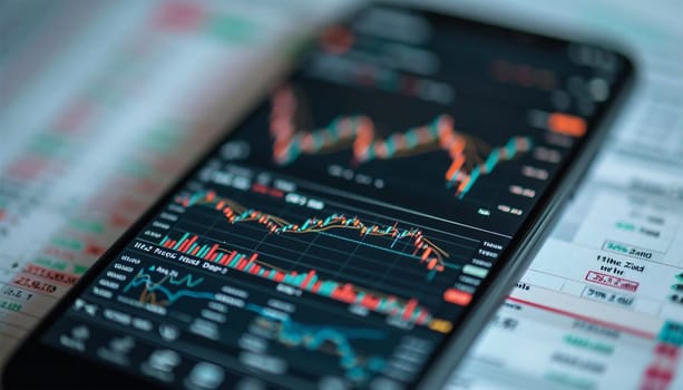 Realistic smartphone mockup. 3d candlestick chart of stock sale and buy. Market investment, online trade on mobile phone. transparent shadow, blur effect. Business application interface design. Close up