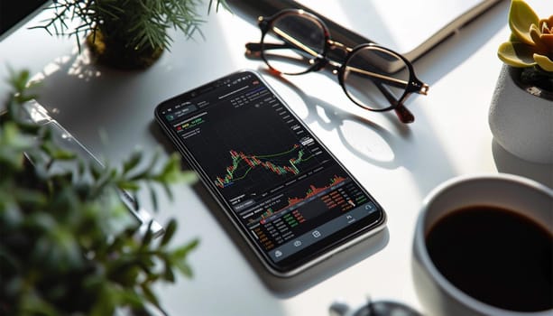 Realistic smartphone mockup. 3d candlestick chart of stock sale and buy. Market investment, online trade on mobile phone. transparent shadow, blur effect. Business application interface design. Close up