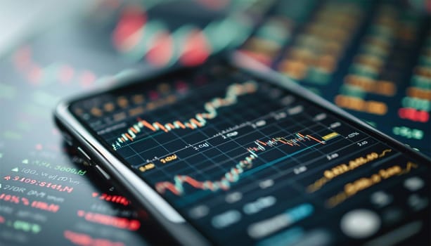 Realistic smartphone mockup. 3d candlestick chart of stock sale and buy. Market investment, online trade on mobile phone. transparent shadow, blur effect. Business application interface design. Close up
