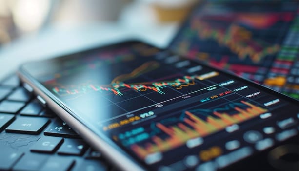 Realistic smartphone mockup. 3d candlestick chart of stock sale and buy. Market investment, online trade on mobile phone. transparent shadow, blur effect. Business application interface design. Close up
