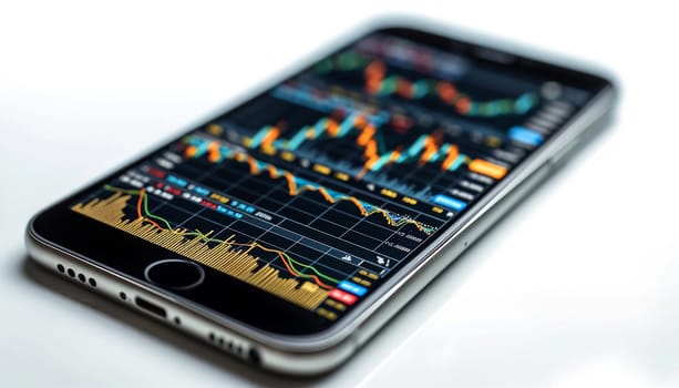 Realistic smartphone mockup. 3d candlestick chart of stock sale and buy. Market investment, online trade on mobile phone. transparent shadow, blur effect. Business application interface design. Close up