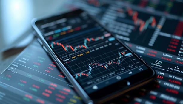 Realistic smartphone mockup. 3d candlestick chart of stock sale and buy. Market investment, online trade on mobile phone. transparent shadow, blur effect. Business application interface design. Close up
