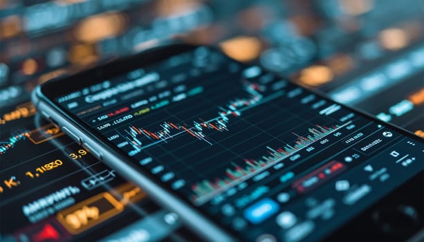 Realistic smartphone mockup. 3d candlestick chart of stock sale and buy. Market investment, online trade on mobile phone. transparent shadow, blur effect. Business application interface design. Close up