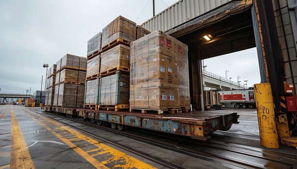 Stacked of Package Boxes on Pallets Loading with Shipping Cargo Container. Truck Parked Loading at Dock Warehouse. Delivery. Supply Chain. Warehouse Logistics. Cargo Freight Truck Transportation. transport
