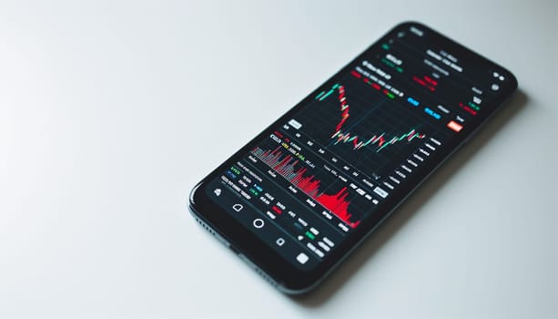 Realistic smartphone mockup. 3d candlestick chart of stock sale and buy. Market investment, online trade on mobile phone. transparent shadow, blur effect. Business application interface design. Close up