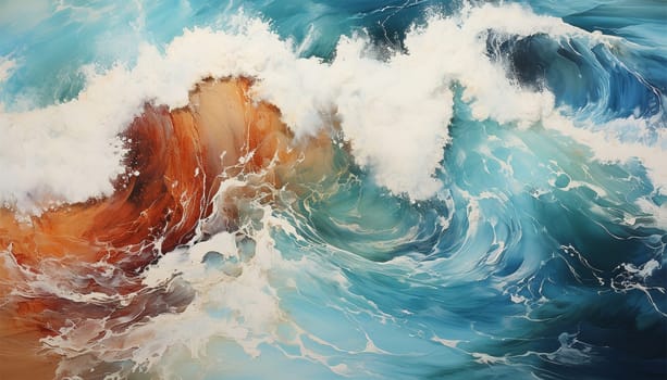 Overhead photo of crashing waves on the shoreline beach. Tropical beach surf. Abstract aerial ocean view abstract colorful background colorful
