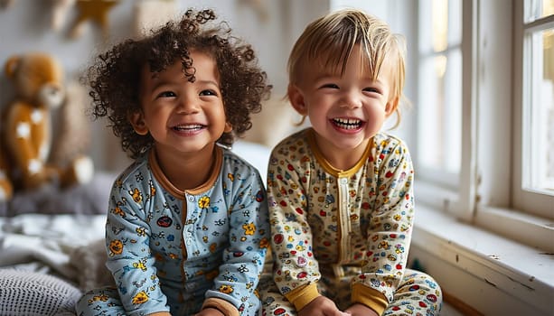 Children's pajama party. Multiracial kids in colorful pajamas having fun on slumber party. Cute friends children playful together happy