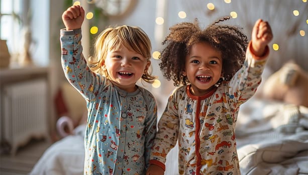 Children's pajama party. Multiracial kids in colorful pajamas having fun on slumber party. Cute friends children playful together happy