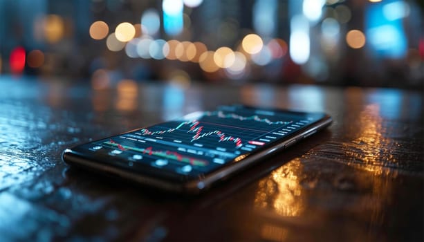 Realistic smartphone mockup. 3d candlestick chart of stock sale and buy. Market investment, online trade on mobile phone. transparent shadow, blur effect. Business application interface design. Close up