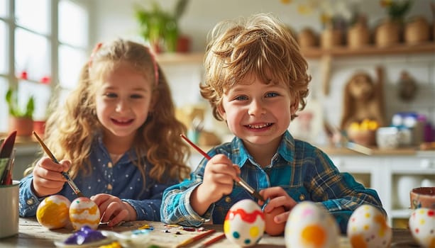 Happy Easter! Cute children painting Easter eggs and having fun. Siblings Laughing together. Painting eggs. Paints, felt-tip pens, decorations for coloring eggs for holiday. Creative background. Family with kids preparing for Easter. Holiday spring