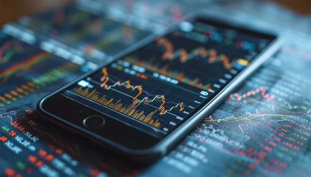 Realistic smartphone mockup. 3d candlestick chart of stock sale and buy. Market investment, online trade on mobile phone. transparent shadow, blur effect. Business application interface design. Close up