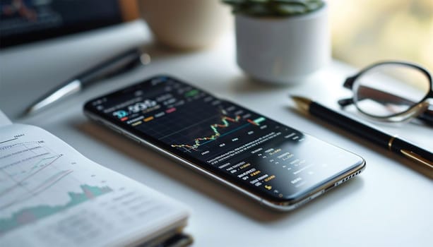 Realistic smartphone mockup. 3d candlestick chart of stock sale and buy. Market investment, online trade on mobile phone. transparent shadow, blur effect. Business application interface design. Close up