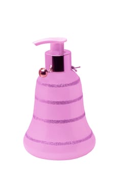 Pink glass bottle dispender with liquid soap isolated on white background. Clipping path. Shampoo bottle for bathroom. Skin care lotion.