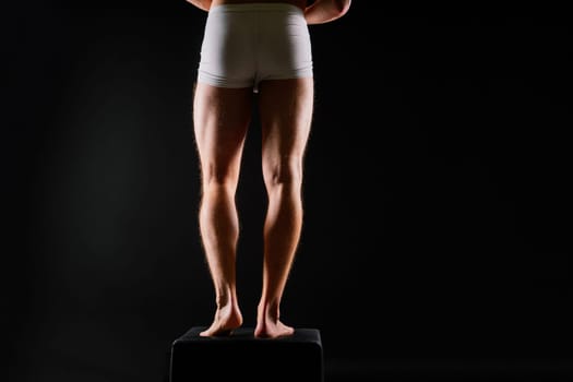Panties on sexual body. Guy or sexy macho with strong muscles, Athlete wearing white underwear.