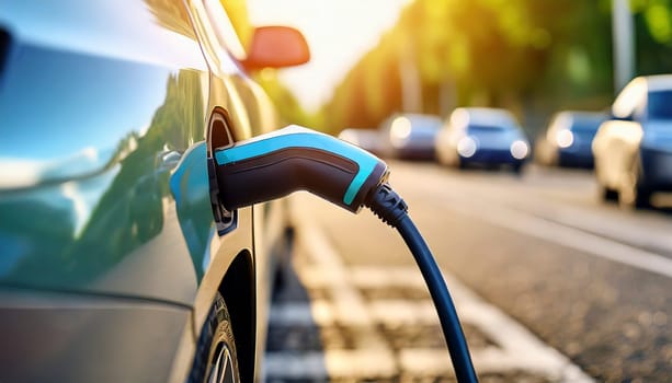 Charging an electric car in the city, closeup of a charging cable. AI generated