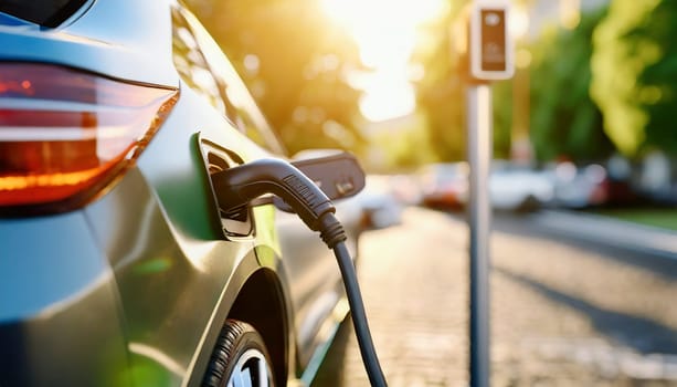 Charging an electric car in the city, closeup of a charging cable. AI generated