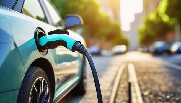 Charging an electric car in the city, closeup of a charging cable. AI generated
