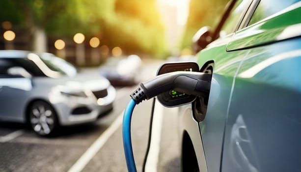 Charging an electric car in the city, closeup of a charging cable. AI generated
