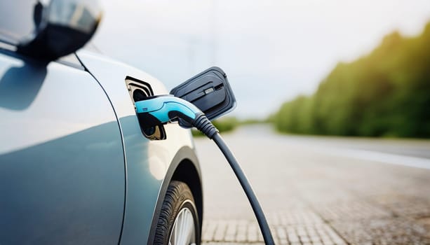 Charging an electric car in the city, closeup of a charging cable. AI generated