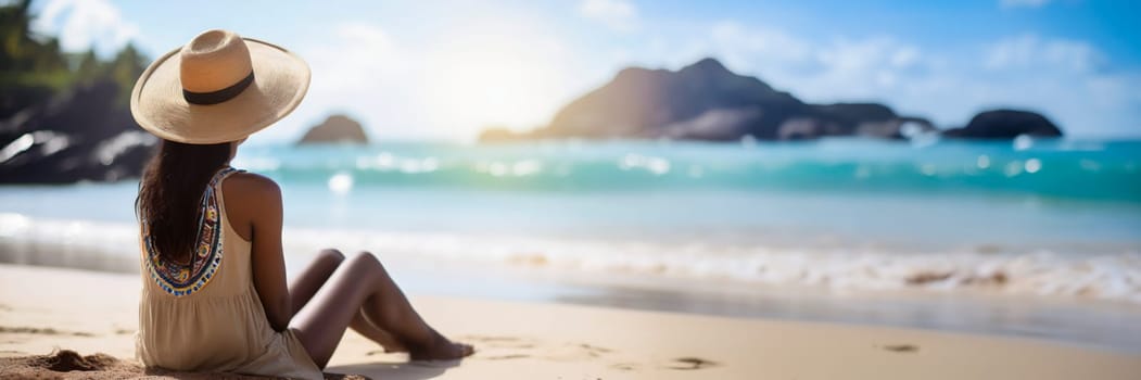 Young woman in dress and hat on sunny tropical beach. panoramic banner with copy space. AI generated