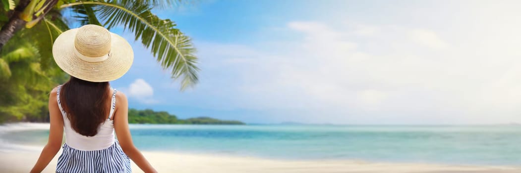 Young woman in dress and hat on sunny tropical beach. panoramic banner with copy space. AI generated
