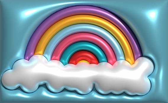 Blue background with rainbow and clouds, 3D rendering illustration