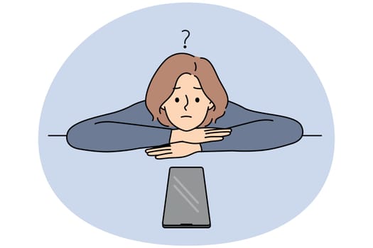 Unhappy young woman feel frustrated looking at cellphone waiting for call or message. Upset confused girl distressed with missing notification on smartphone. Vector illustration.