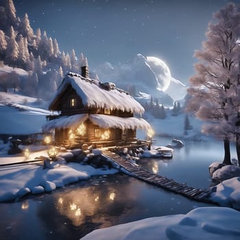 Winter landscape with snow-covered trees on a frozen river in front of snow-covered mountains. AI generated image