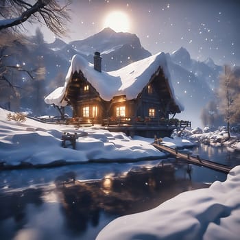 Winter landscape with snow-covered trees on a frozen river in front of snow-covered mountains. AI generated image