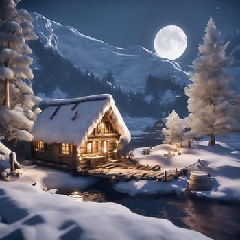 Winter landscape with snow-covered trees on a frozen river in front of snow-covered mountains. AI generated image