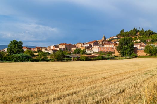 The Camino de Santiago also known as The Way leading towards little village of Cirauqui in the distance. Extremadura, Spain