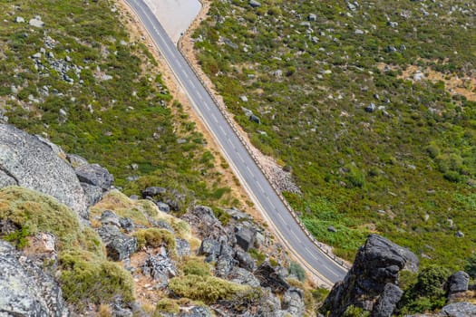 Landscape of the Serra da Estrela mountain range, along road, in Portugal