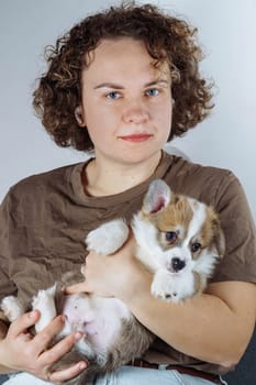 Portrait of young attractive brown-haired woman with wavy hair in T-shirt made of natural cotton, holding funny fluffy velshkorgi puppy in her hands, on light background. Dog food. Pets.