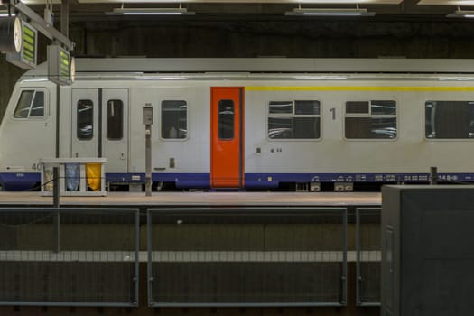 Antwerp, Belgium, January 2nd 2024: View on a railroad station train platform in Antwerp central railway station