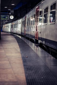 Antwerp, Belgium, January 2nd 2024: View on a railroad station train platform in Antwerp NMBS central railway station