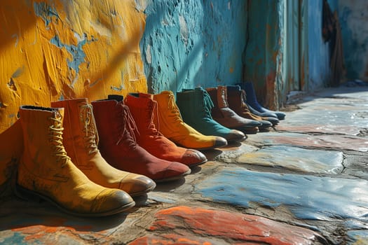 Collection of colorful shoes standing in a row, variety of colors, boots and footwear